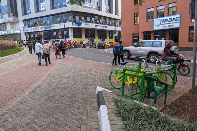 Entrance to the Kigali car-free zone with cycle hire.
