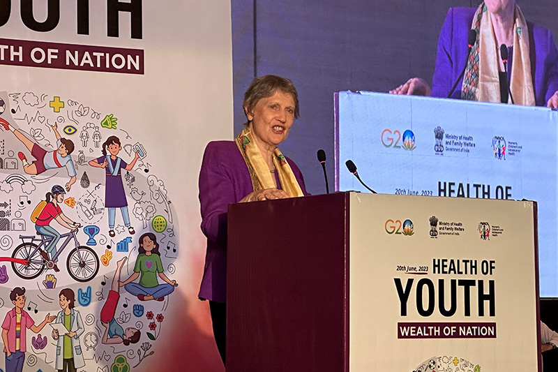 Helen Clark, former Prime Minister of New Zealand and Board Chair of PMNCH, addressing the G20 event.