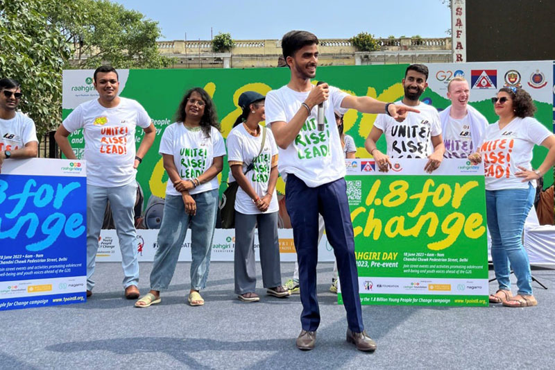 Deepanshu Gupta, India representative of the Global Youth Coalition for Road safety Leadership Board, speaking at the ‘Raahgiri’ G20 street campaign.